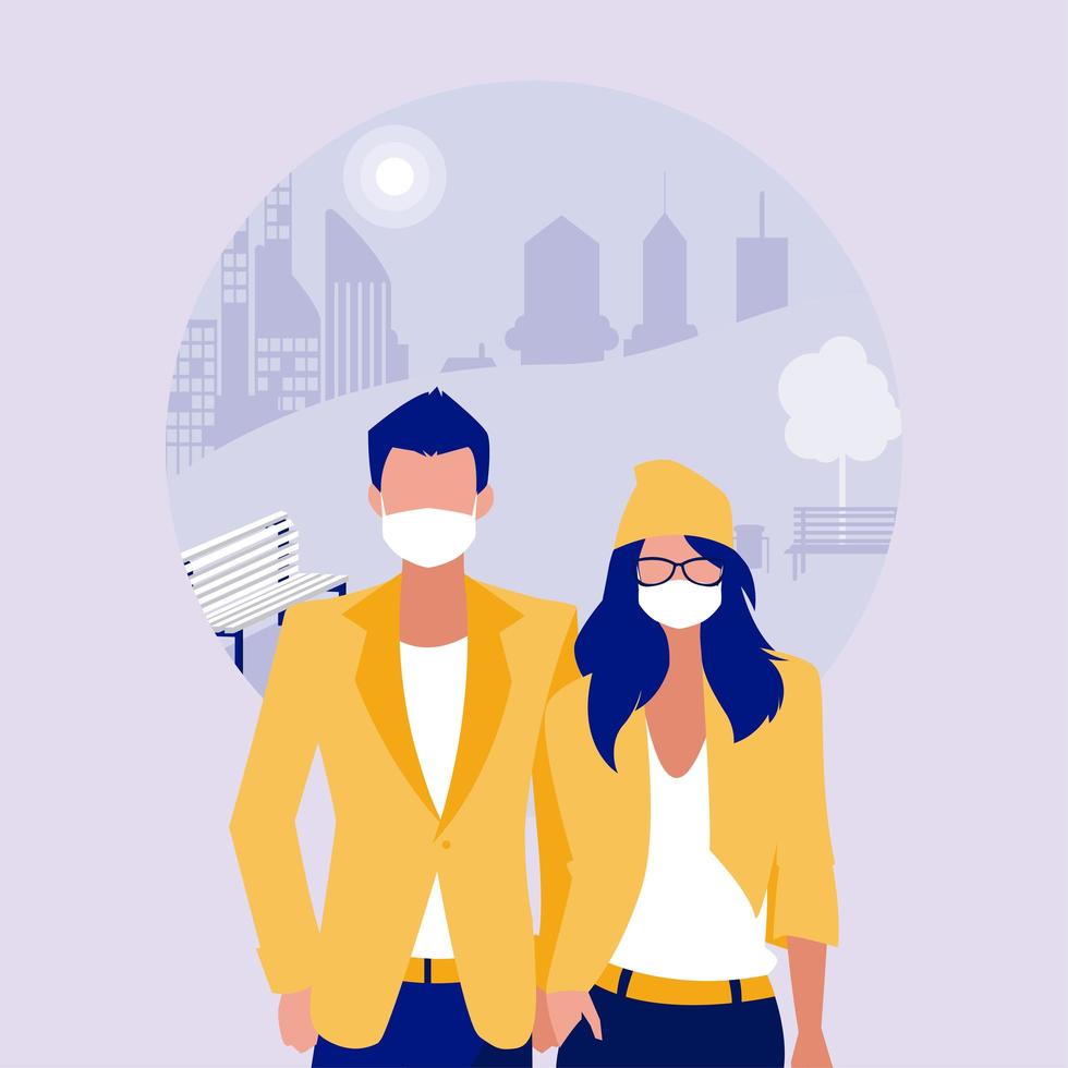 vrouw en man met masker bij park vector design