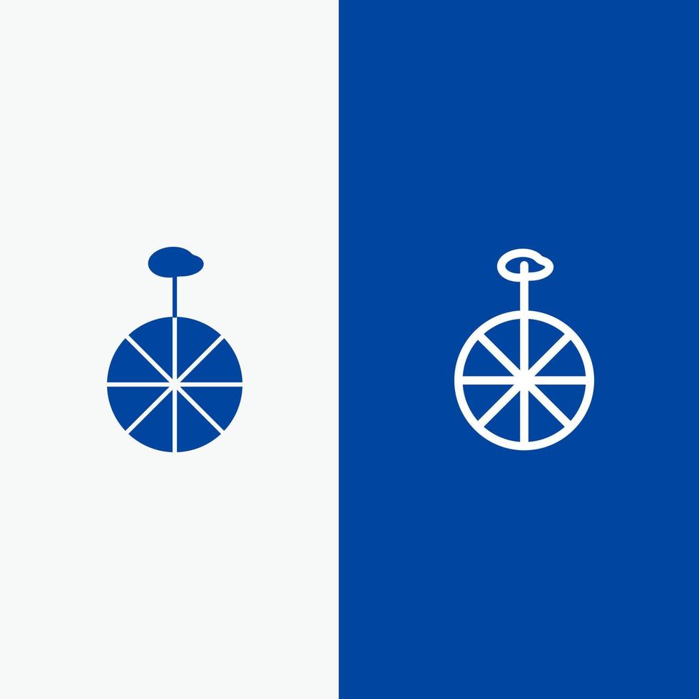 wiel fiets circus lijn en glyph solide icoon blauw banier vector