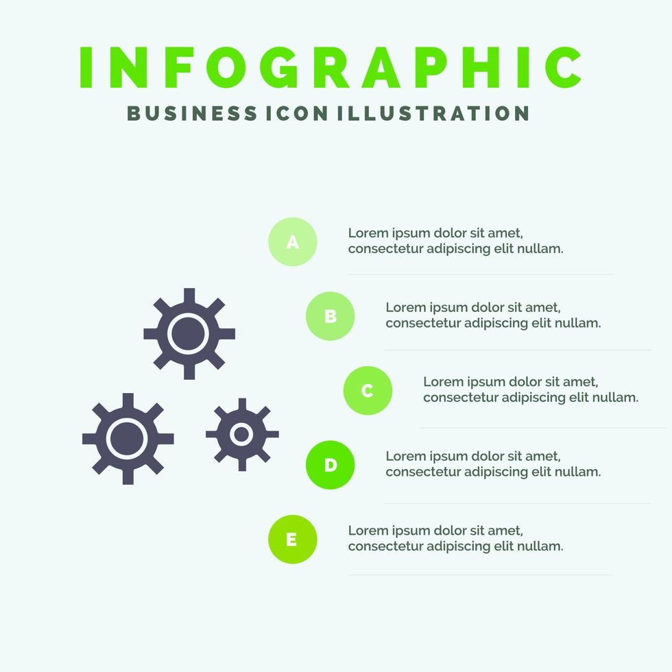 configuratie versnellingen voorkeuren onderhoud solide icoon infographics 5 stappen presentatie achtergrond vector