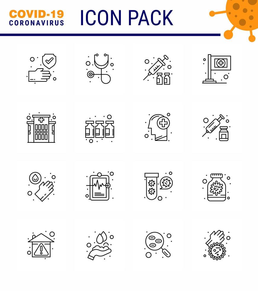 corona virus ziekte 16 lijn icoon pak zuigen net zo fles kliniek bescherming gebouw vlag virale coronavirus 2019november ziekte vector ontwerp elementen