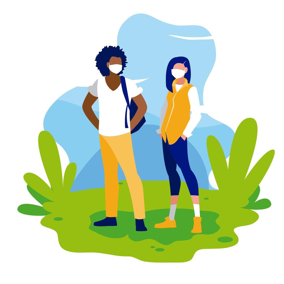 vrouw en man avatars met maskers buiten vector design