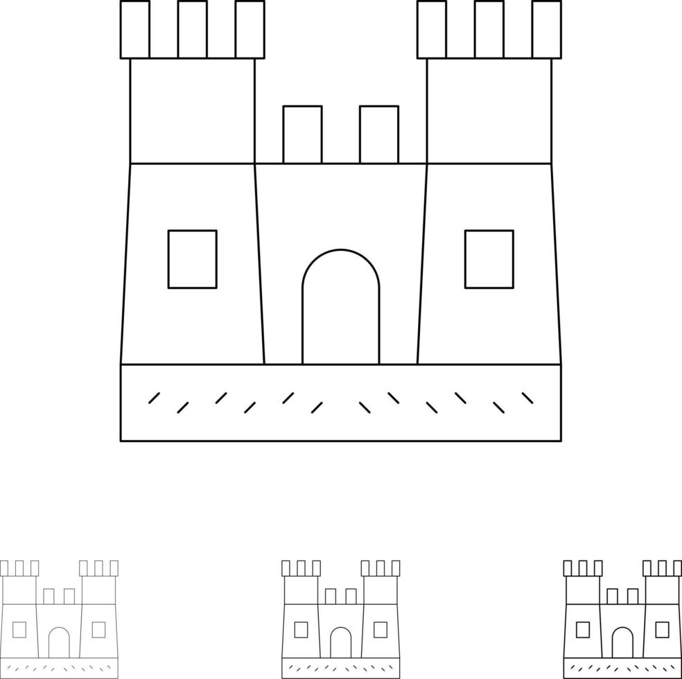 strand kasteel zand kasteel stoutmoedig en dun zwart lijn icoon reeks vector