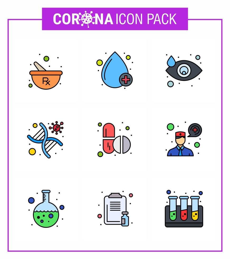 9 gevulde lijn vlak kleur reeks van corona virus epidemie pictogrammen zo net zo geneeskunde strand huilen genomisch dna virale coronavirus 2019november ziekte vector ontwerp elementen