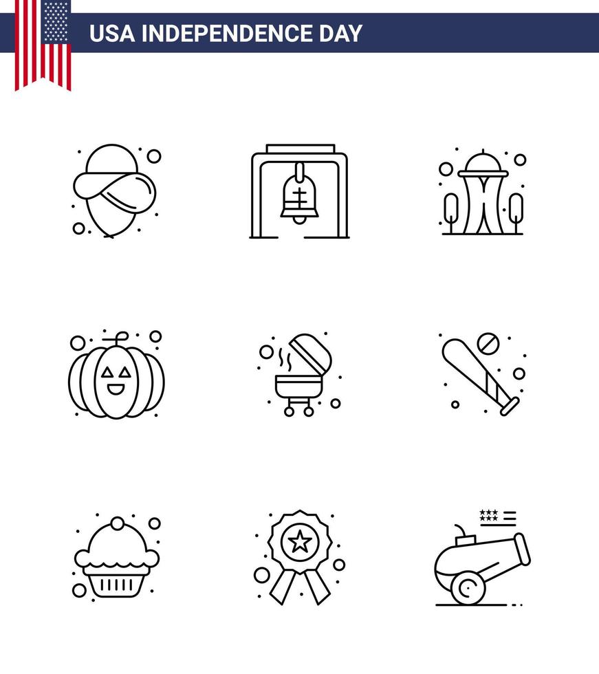 voorraad vector icoon pak van Amerikaans dag 9 lijn tekens en symbolen voor bal bbq mijlpaal barbecue pompoen bewerkbare Verenigde Staten van Amerika dag vector ontwerp elementen