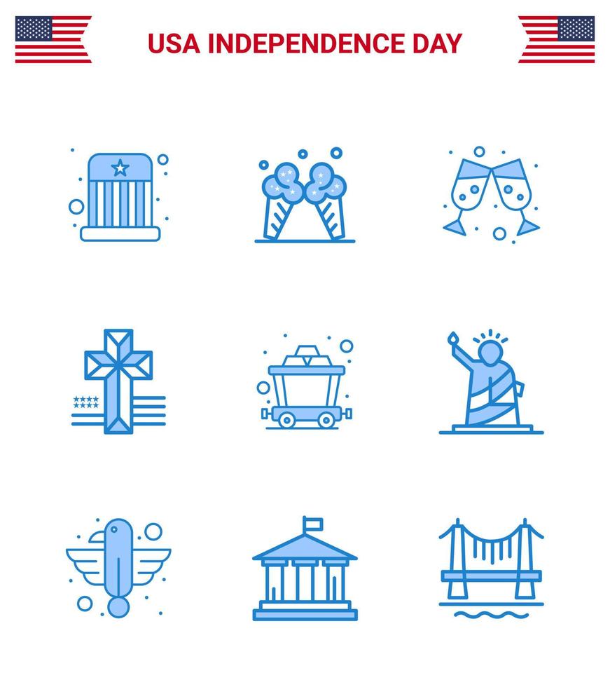 gelukkig onafhankelijkheid dag pak van 9 blues tekens en symbolen voor oriëntatiepunten de mijne bier kar kruis bewerkbare Verenigde Staten van Amerika dag vector ontwerp elementen