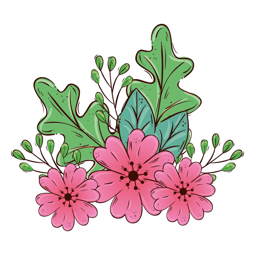 schattig bloemen roze met takken en bladeren geïsoleerd pictogram vector