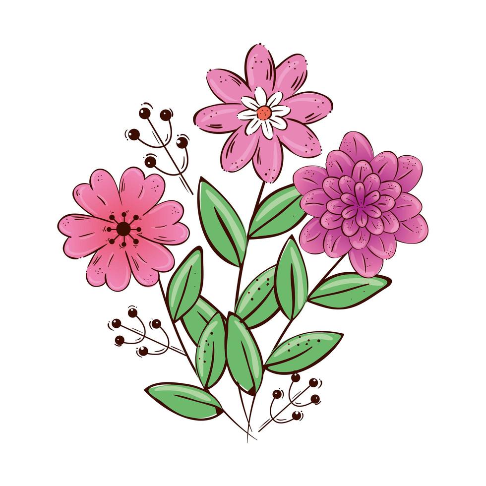 schattige bloemen roze en paars met bladeren vector