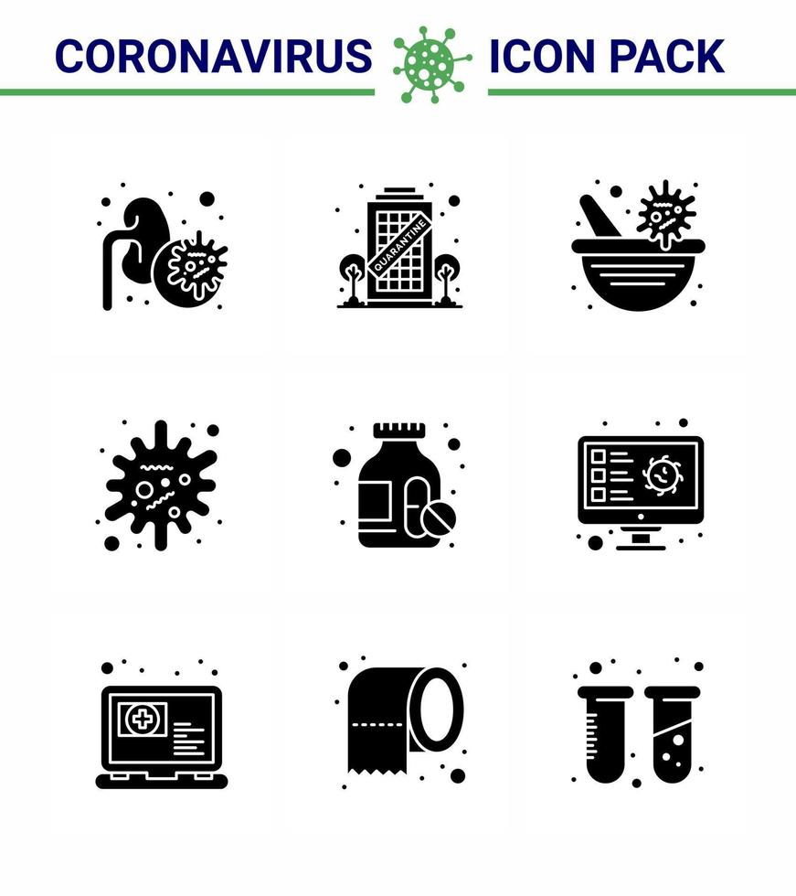 coronavirus het voorkomen reeks pictogrammen 9 solide glyph zwart icoon zo net zo geneeskunde fles infectie geneeskunde epidemie antigeen virale coronavirus 2019november ziekte vector ontwerp elementen