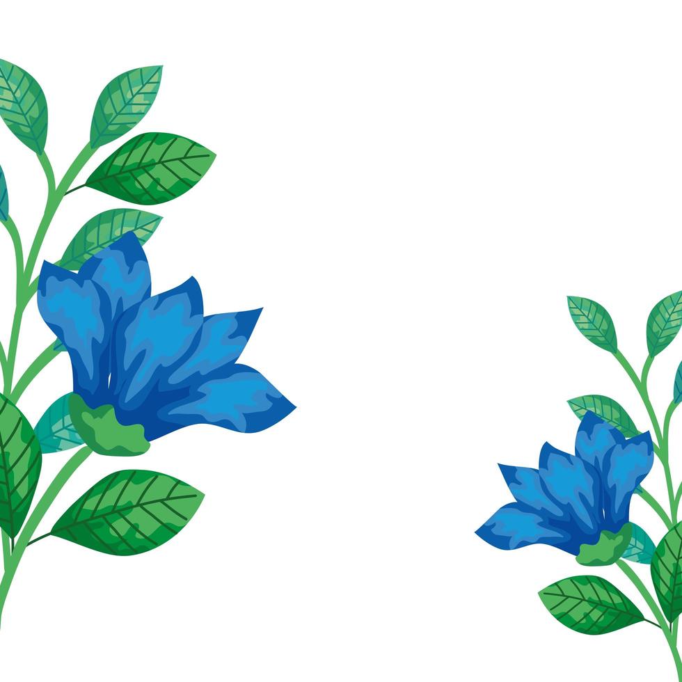 schattige bloemen blauw met takken en bladeren geïsoleerd pictogram vector