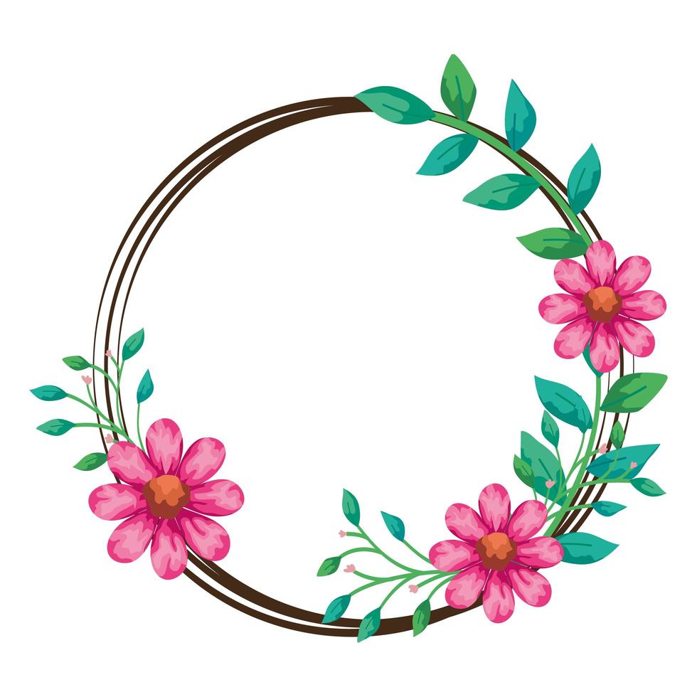 frame circulaire van bloemen roze kleur met natuurlijke bladeren vector