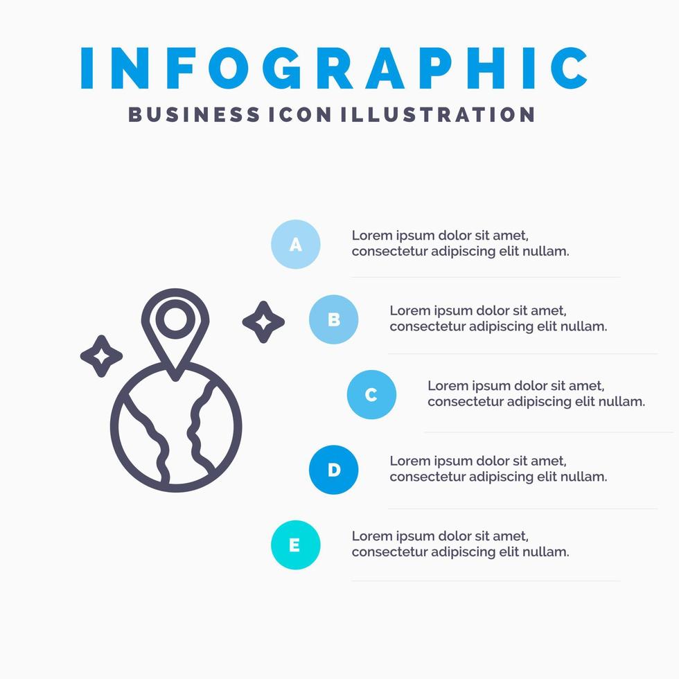 wereld kaart plaats lijn icoon met 5 stappen presentatie infographics achtergrond vector