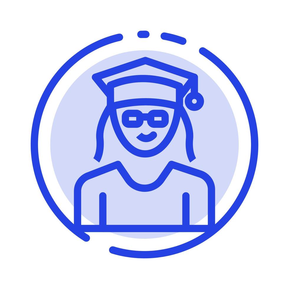 pet onderwijs diploma uitreiking vrouw blauw stippel lijn lijn icoon vector