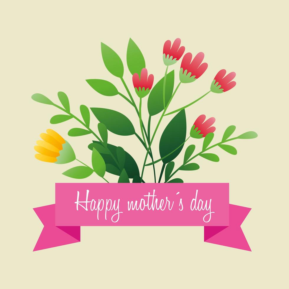 gelukkige moederdag kaart met bloemen en bladeren decoratie vector