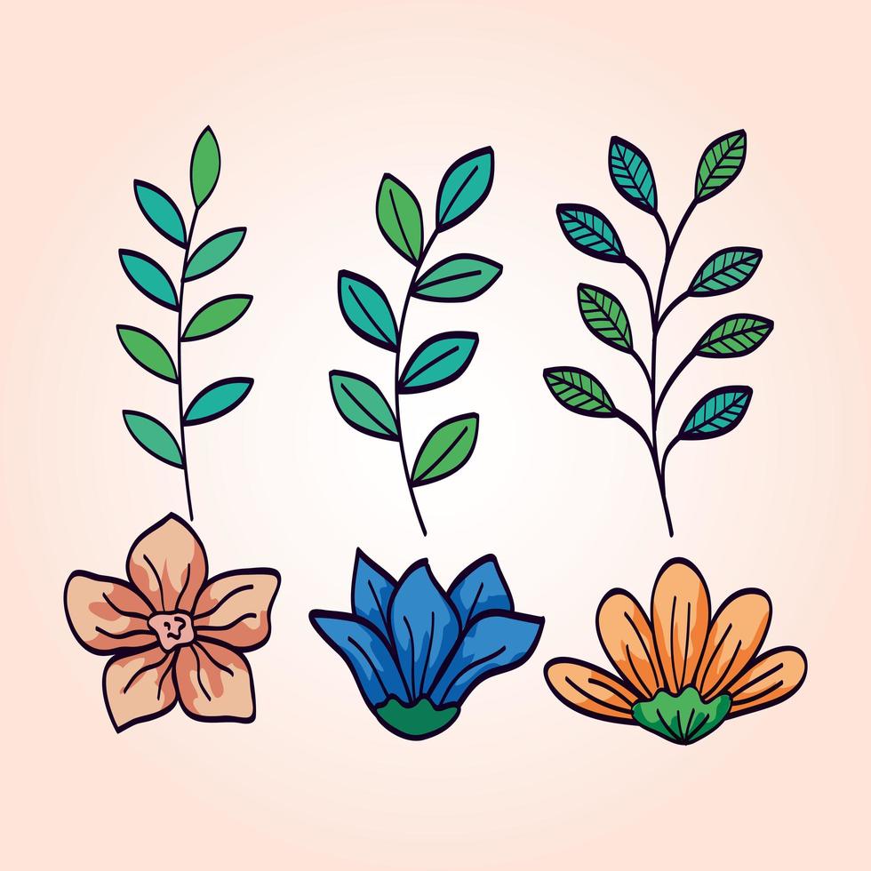 set van schattige bloemen met takken en bladeren vector