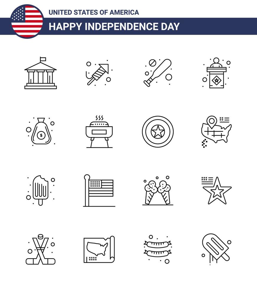 Verenigde Staten van Amerika gelukkig onafhankelijkheid dagpictogram reeks van 16 gemakkelijk lijnen van zak dollar basketbal teken verkiezing bewerkbare Verenigde Staten van Amerika dag vector ontwerp elementen