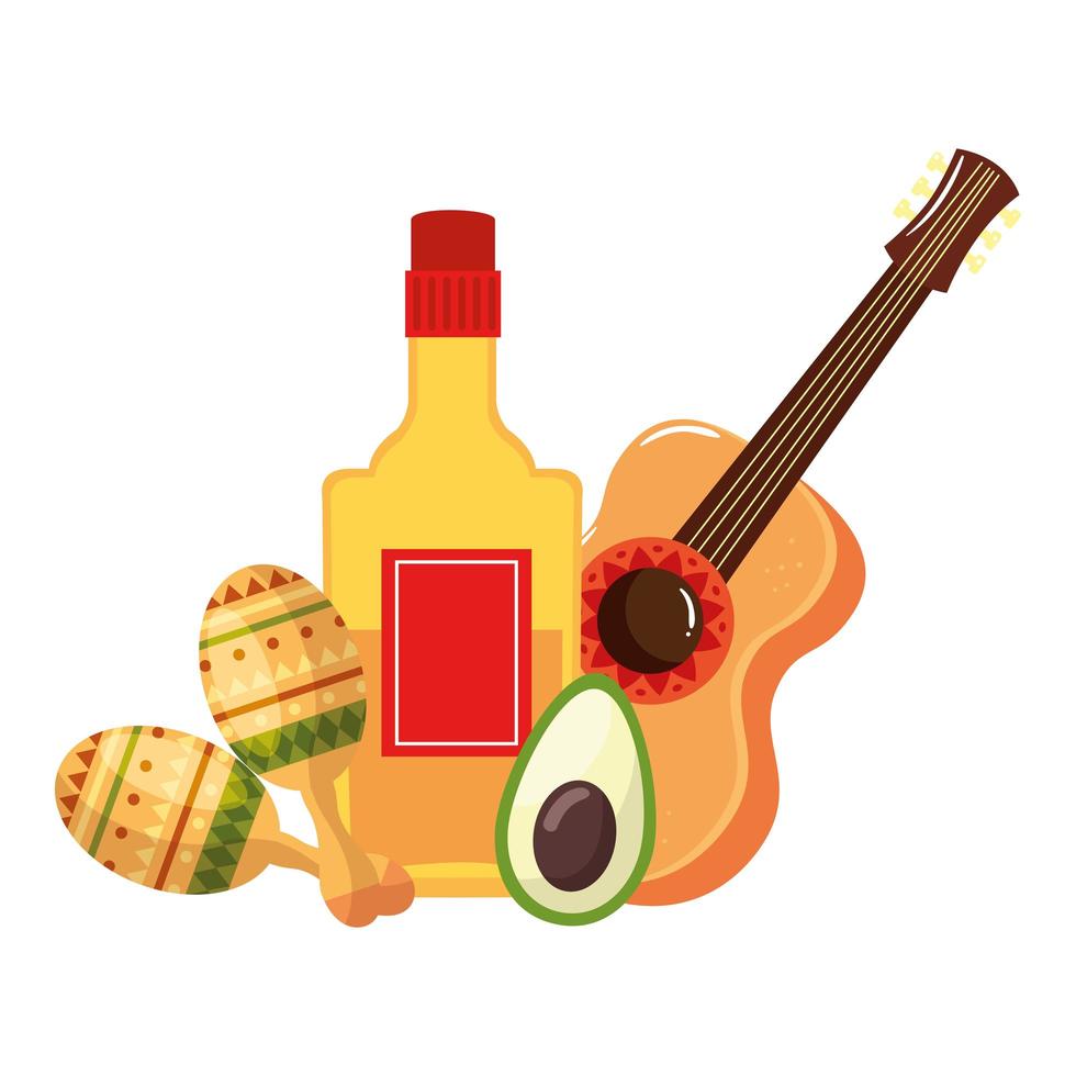 geïsoleerde Mexicaanse gitaar tequila fles avocado en maracas vector ontwerp