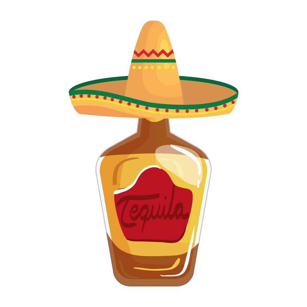 geïsoleerde Mexicaanse tequilafles en hoed vectorontwerp vector