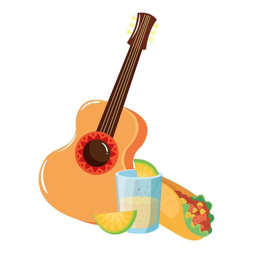 geïsoleerde Mexicaanse gitaar burrito tequila shot en citroen vector design