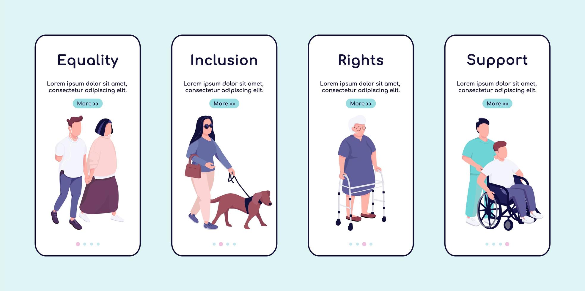 mensen met een handicap gelijkheid en ondersteuning onboarding mobiele app scherm platte vector sjabloon