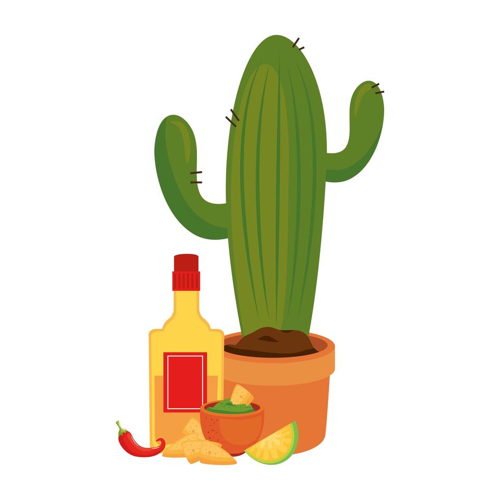 Mexicaanse cactus tequila fles kom nachos chili en citroen vector ontwerp