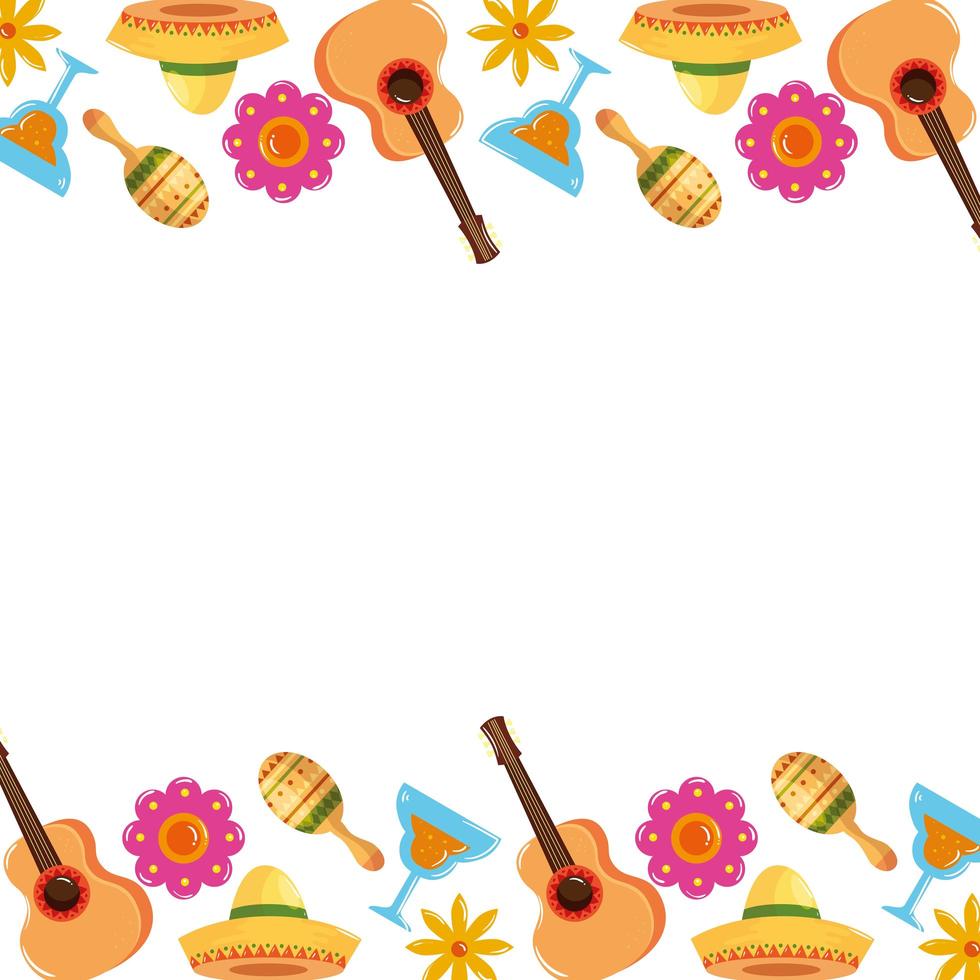 Mexicaanse gitaren cocktails maracas en bloemen frame vector ontwerp