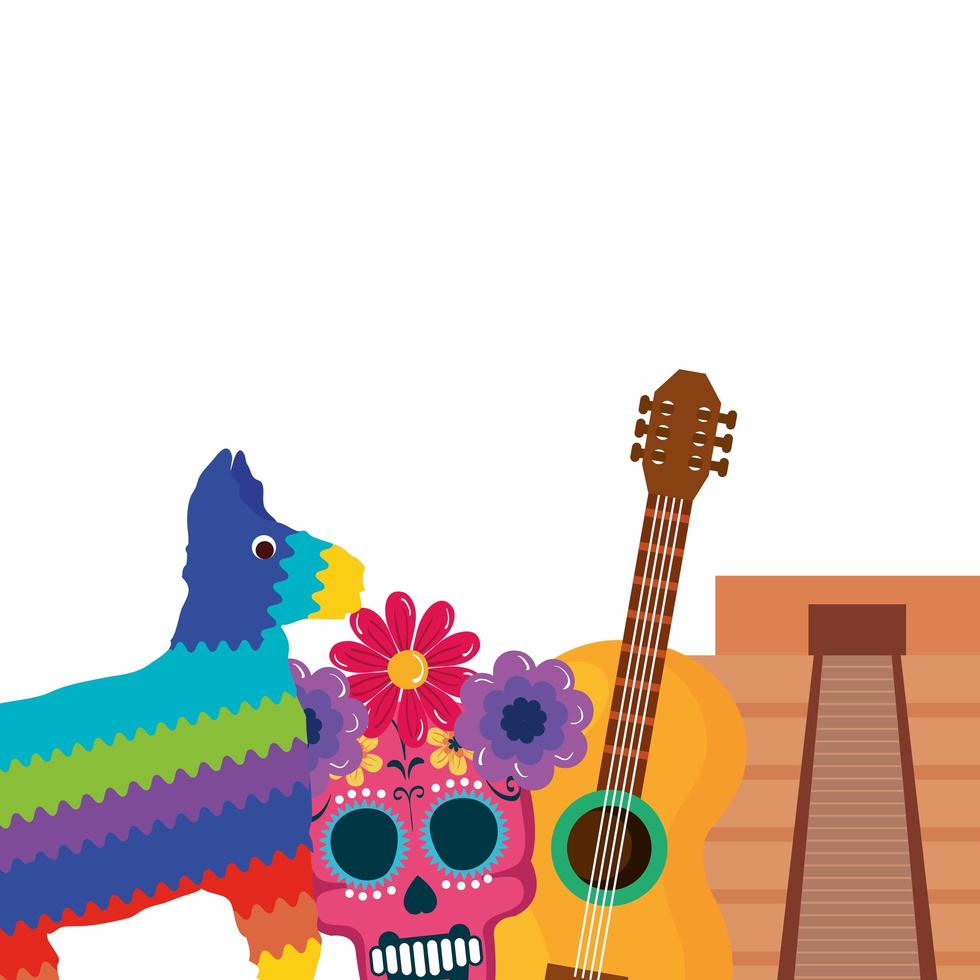 geïsoleerde Mexicaanse pinata schedel gitaar en piramide vector ontwerp