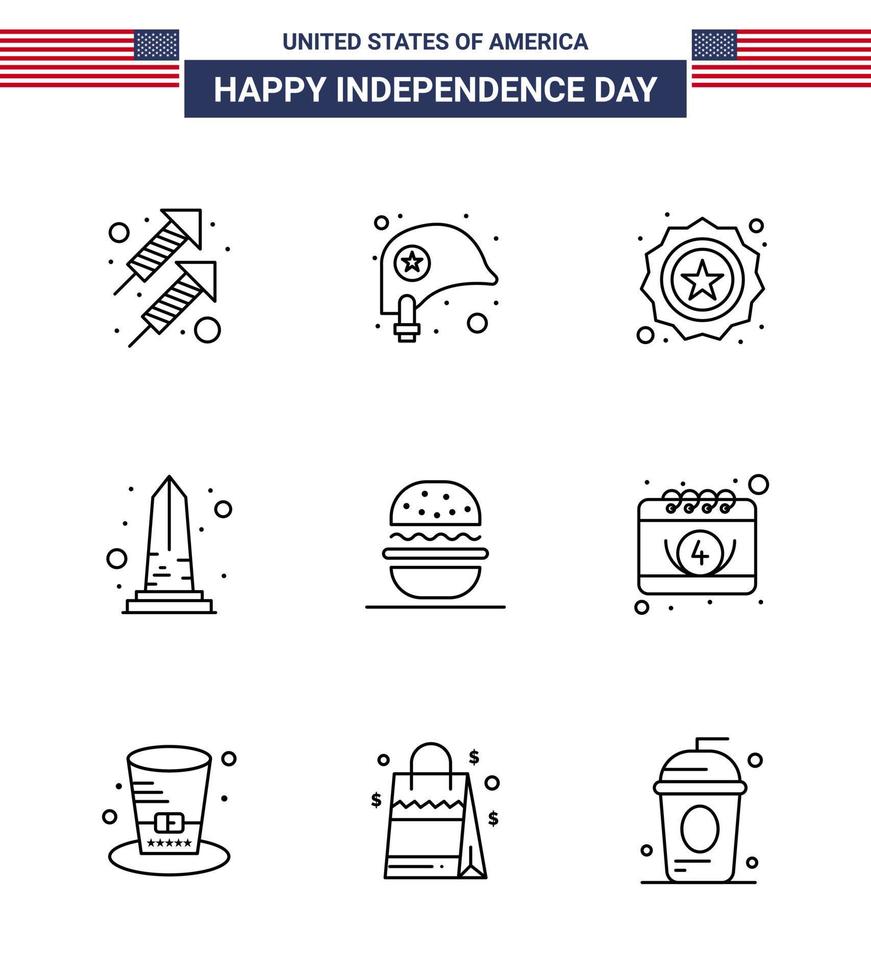 gelukkig onafhankelijkheid dag 4e juli reeks van 9 lijnen Amerikaans pictogram van hamburger Verenigde Staten van Amerika Amerikaans zicht mijlpaal bewerkbare Verenigde Staten van Amerika dag vector ontwerp elementen