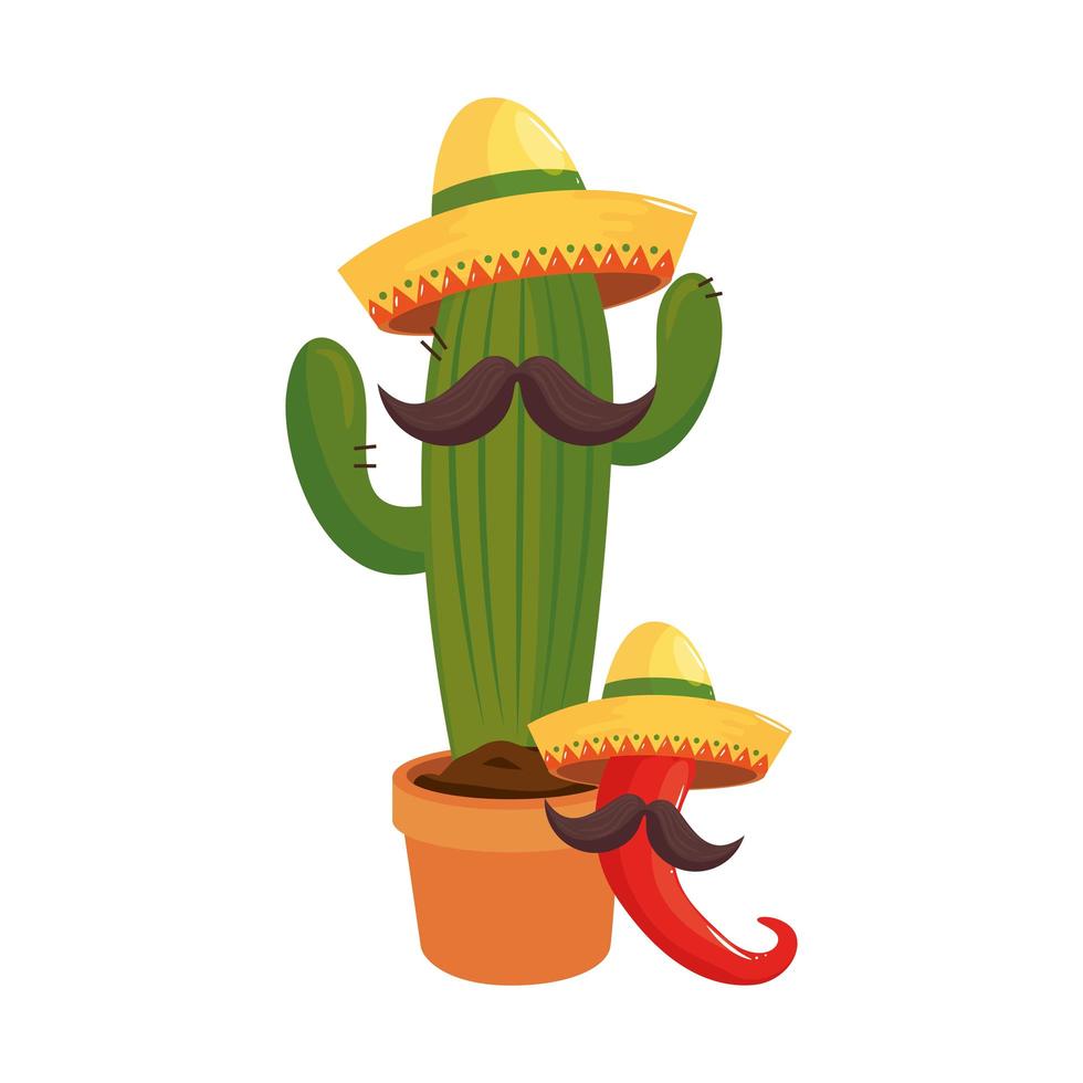 Mexicaanse cactus en Spaanse peper met hoeden en snorren vectorontwerp vector