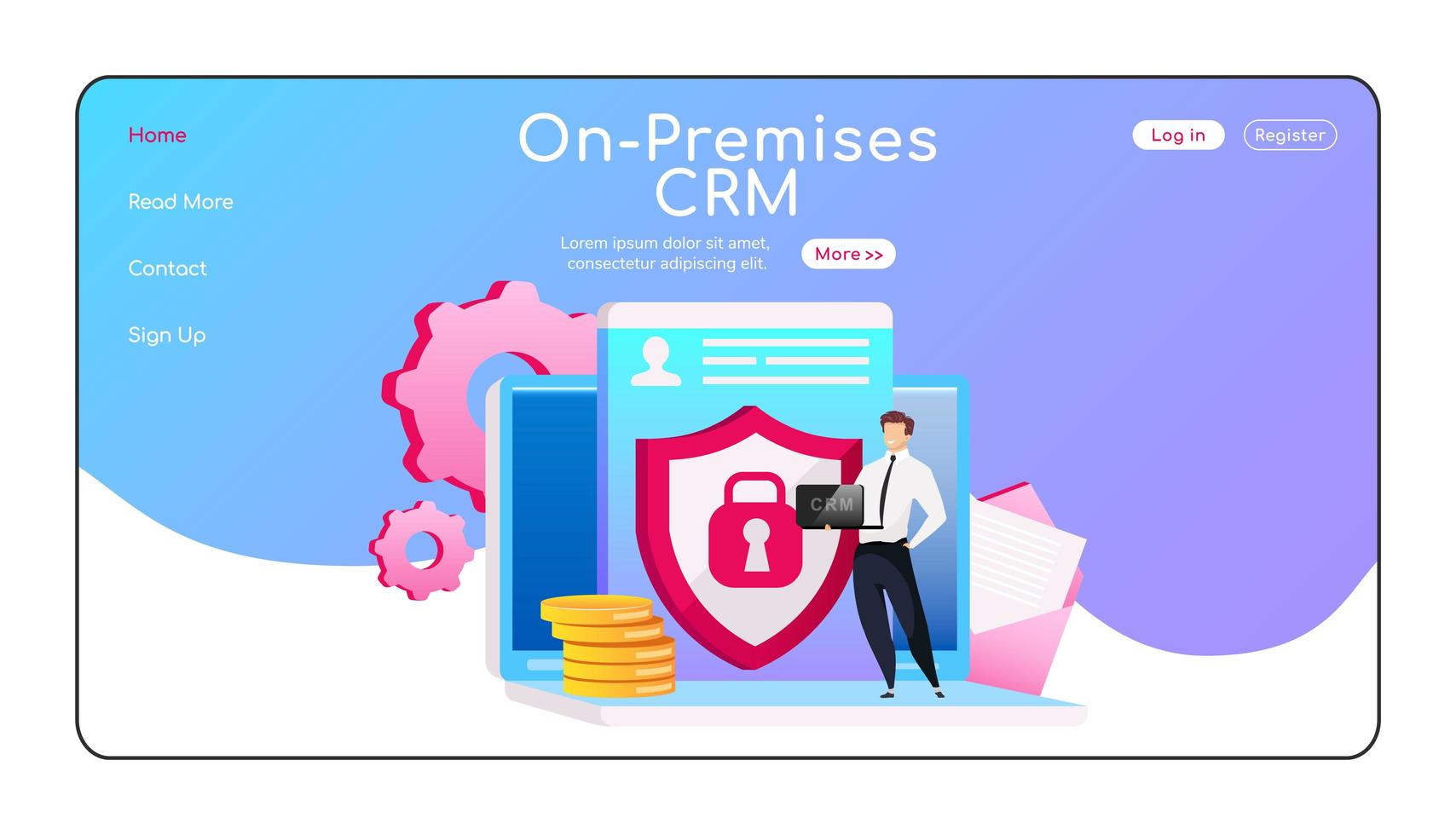 on premise crm landingspagina egale kleur vector sjabloon