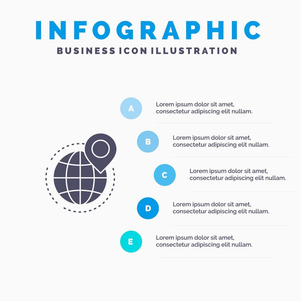 wereldbol bedrijf globaal kantoor punt wereld solide icoon infographics 5 stappen presentatie achtergrond vector