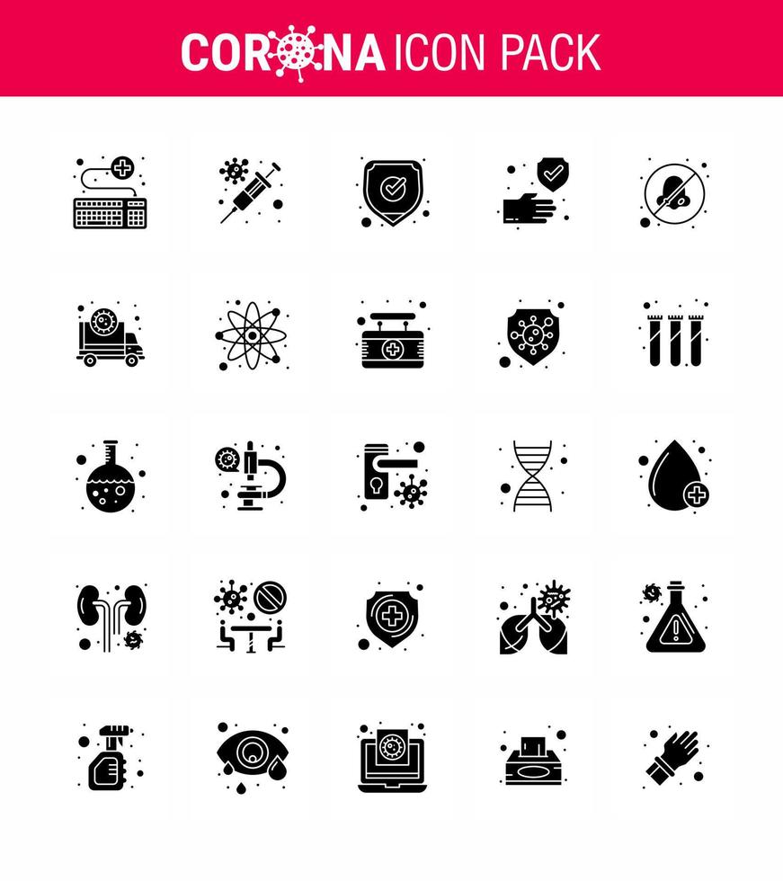 25 solide glyph reeks van corona virus epidemie pictogrammen zo net zo ademen bescherming virus hand- schild virale coronavirus 2019november ziekte vector ontwerp elementen