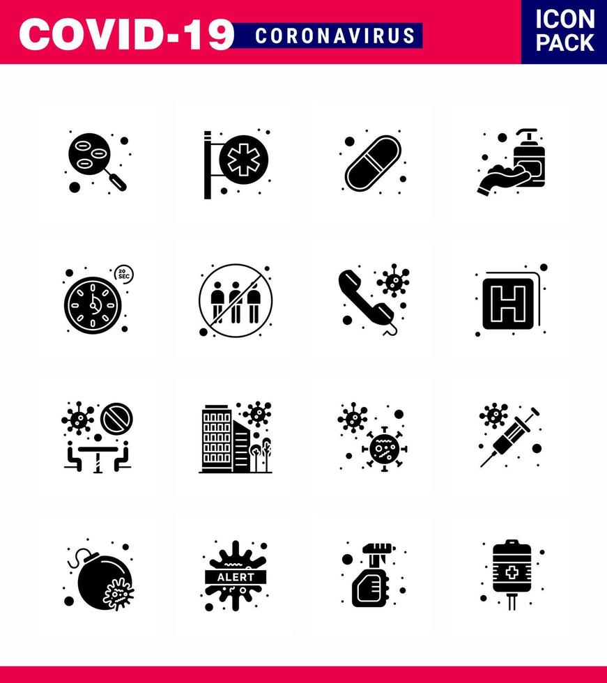 16 solide glyph zwart coronavirus epidemie icoon pak zuigen net zo klok hand- ontsmettingsmiddel apotheek hand- pillen virale coronavirus 2019november ziekte vector ontwerp elementen