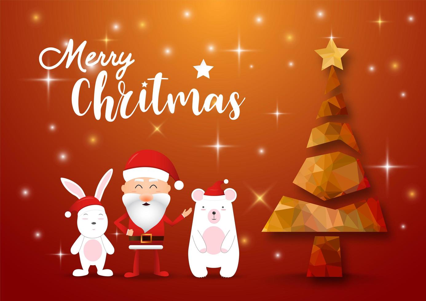 prettige kerstdagen en gelukkig nieuwjaar mooie gouden kerstboom. kerstman, konijn en beer in kerst. illustrator vector. vector