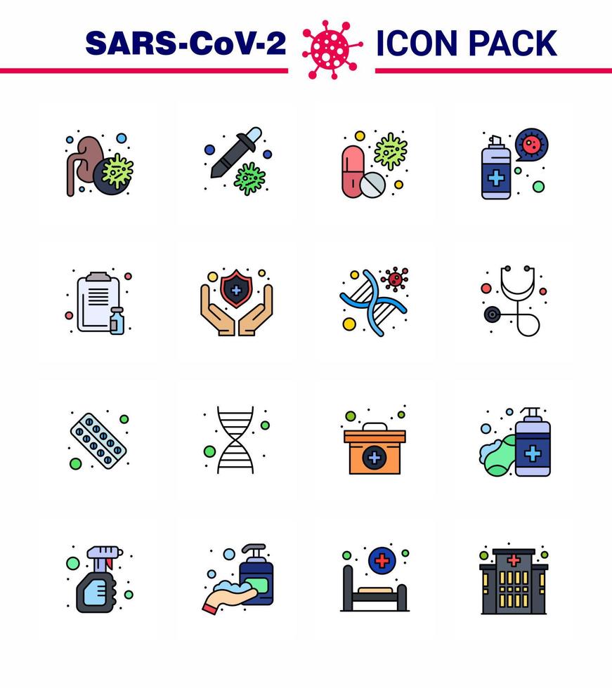 16 vlak kleur gevulde lijn coronavirus covid19 icoon pak zo net zo bescherming verstuiven virus schoonmaak pil virale coronavirus 2019november ziekte vector ontwerp elementen