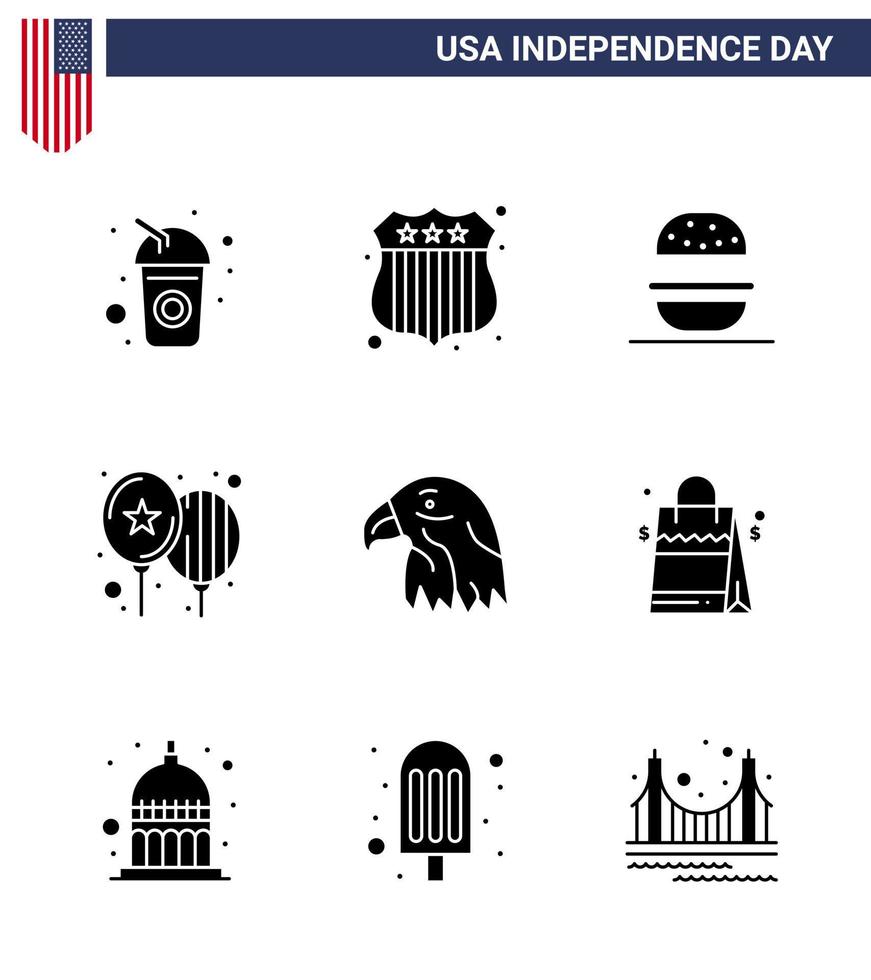 gelukkig onafhankelijkheid dag Verenigde Staten van Amerika pak van 9 creatief solide glyphs van adelaar dier eten partij vieren bewerkbare Verenigde Staten van Amerika dag vector ontwerp elementen