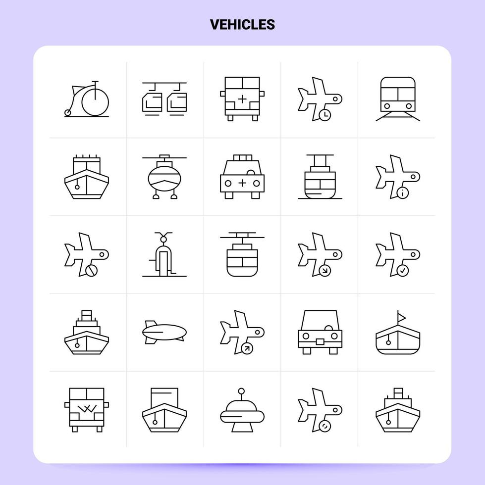 schets 25 voertuigen icoon reeks vector lijn stijl ontwerp zwart pictogrammen reeks lineair pictogram pak web en mobiel bedrijf ideeën ontwerp vector illustratie