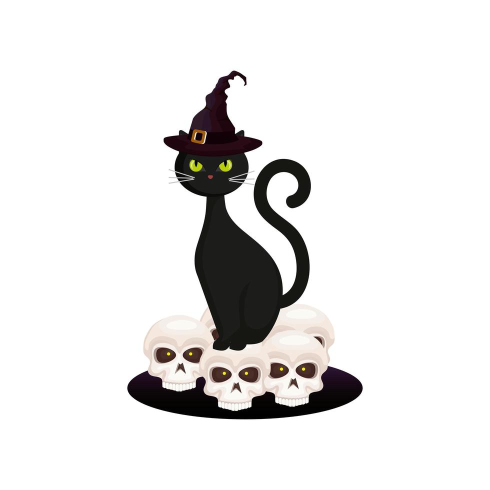 kat katachtig halloween met hoed heks en schedels vector