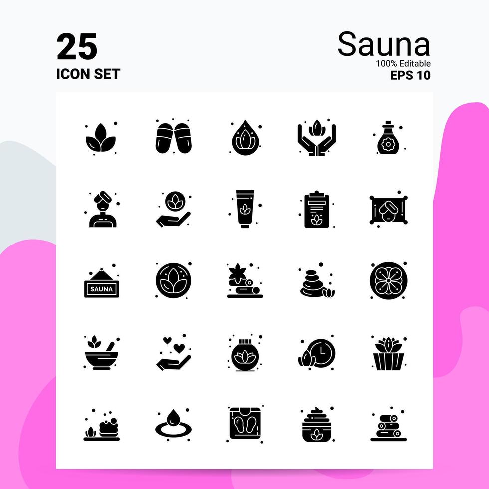 25 sauna icoon reeks 100 bewerkbare eps 10 bestanden bedrijf logo concept ideeën solide glyph icoon ontwerp vector