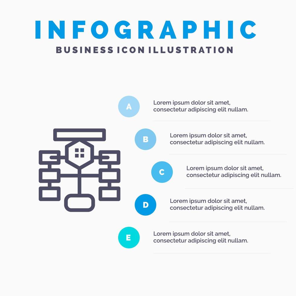 flowchart stromen tabel gegevens databank blauw infographics sjabloon 5 stappen vector lijn icoon sjabloon