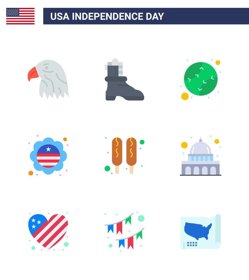 9 Verenigde Staten van Amerika vlak pak van onafhankelijkheid dag tekens en symbolen van voedsel maïs hond basketbal insigne vlag bewerkbare Verenigde Staten van Amerika dag vector ontwerp elementen