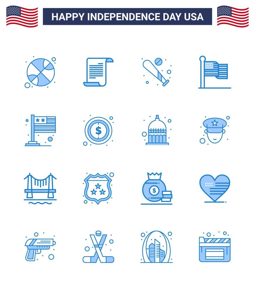Verenigde Staten van Amerika onafhankelijkheid dag blauw reeks van 16 Verenigde Staten van Amerika pictogrammen van land dankzegging bal vlag Verenigde Staten van Amerika bewerkbare Verenigde Staten van Amerika dag vector ontwerp elementen