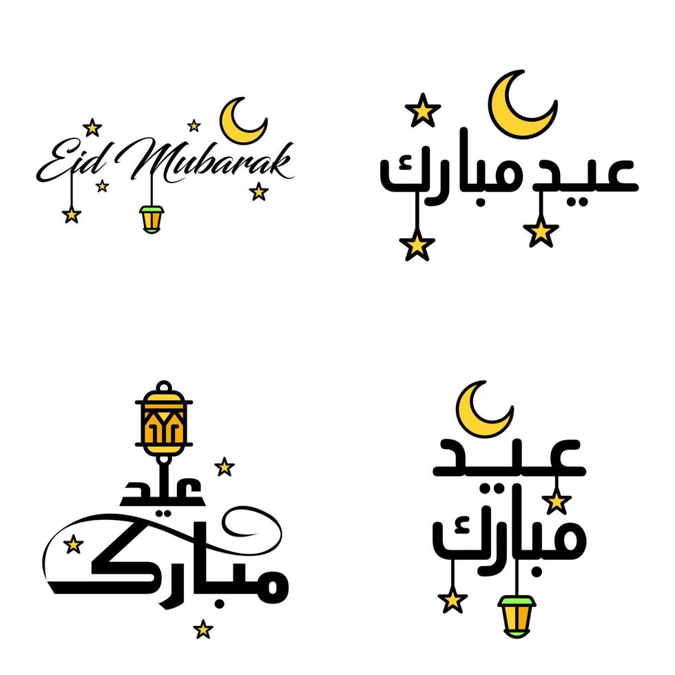 reeks van 4 vectoren eid mubarak gelukkig eid voor u in Arabisch schoonschrift stijl gekruld script met sterren lamp maan
