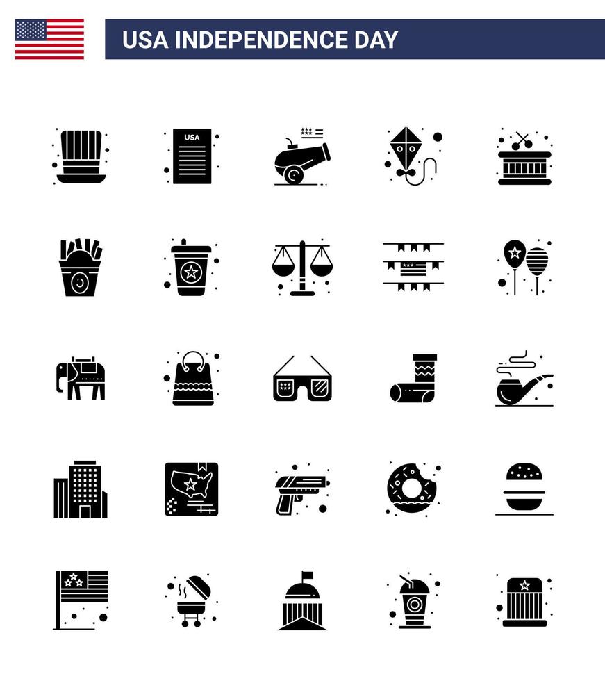 Verenigde Staten van Amerika onafhankelijkheid dag solide glyph reeks van 25 Verenigde Staten van Amerika pictogrammen van frise instrument kanon trommel zomer bewerkbare Verenigde Staten van Amerika dag vector ontwerp elementen