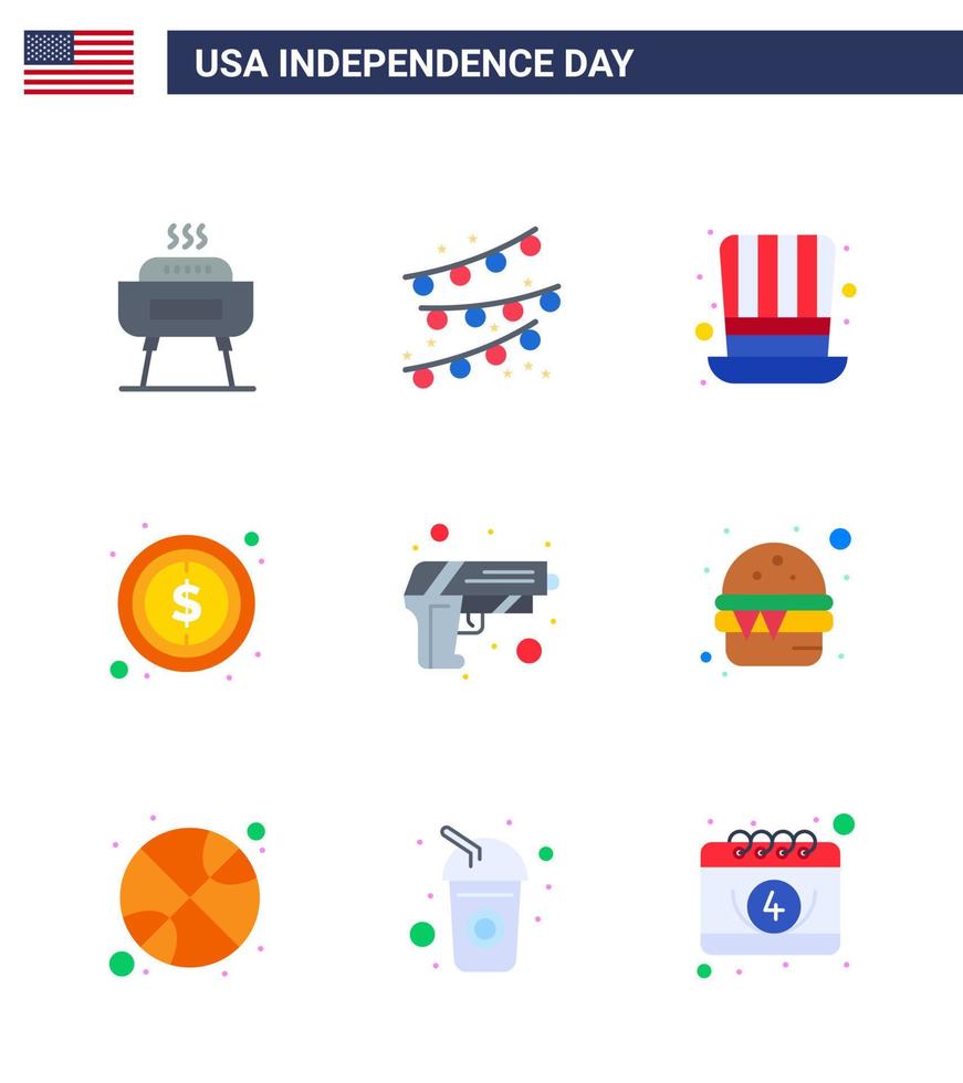 gelukkig onafhankelijkheid dag 4e juli reeks van 9 flats Amerikaans pictogram van leger geweer hoed teken geld bewerkbare Verenigde Staten van Amerika dag vector ontwerp elementen