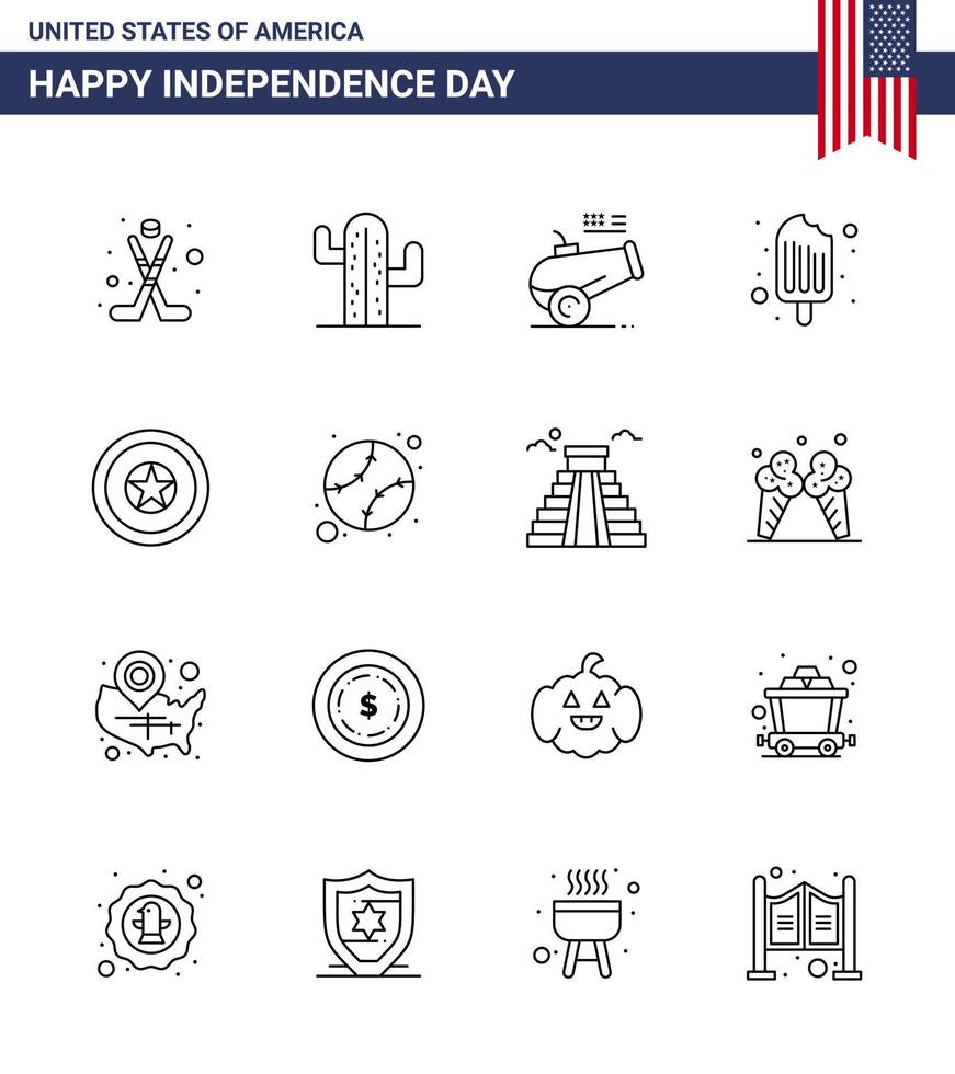 gelukkig onafhankelijkheid dag 4e juli reeks van 16 lijnen Amerikaans pictogram van onafhankelijkheid ijs room groot geweer voedsel verkoudheid bewerkbare Verenigde Staten van Amerika dag vector ontwerp elementen