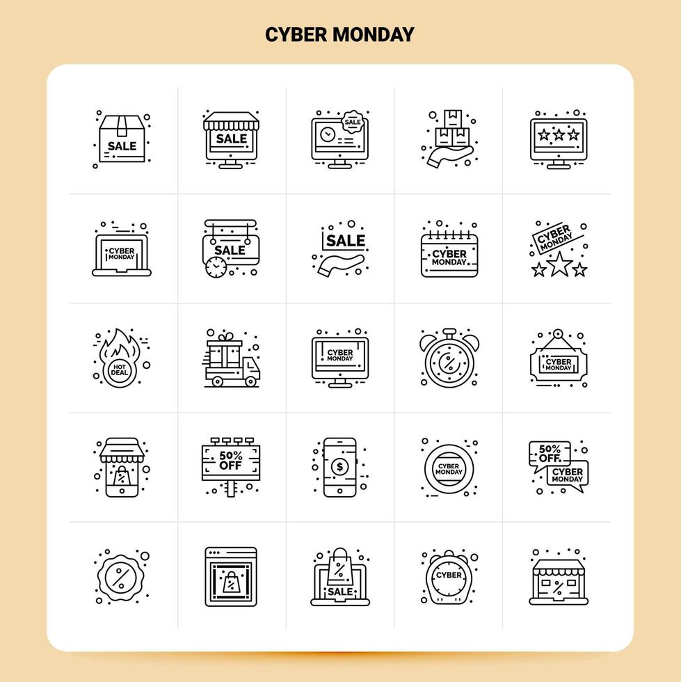 schets 25 cyber maandag icoon reeks vector lijn stijl ontwerp zwart pictogrammen reeks lineair pictogram pak web en mobiel bedrijf ideeën ontwerp vector illustratie