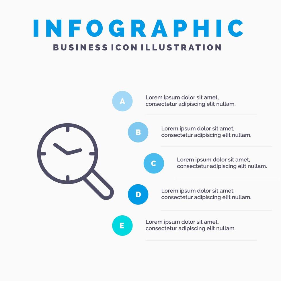 zoeken Onderzoek kijk maar klok lijn icoon met 5 stappen presentatie infographics achtergrond vector