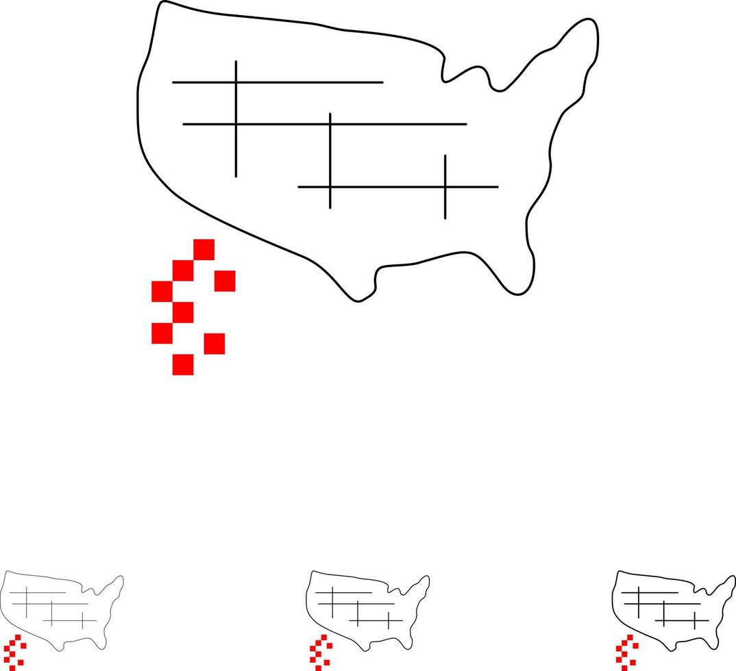 kaart staten Verenigde Verenigde Staten van Amerika stoutmoedig en dun zwart lijn icoon reeks vector