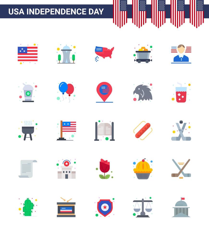 gelukkig onafhankelijkheid dag 25 flats icoon pak voor web en afdrukken fles Amerikaans kaart Mens de mijne bewerkbare Verenigde Staten van Amerika dag vector ontwerp elementen
