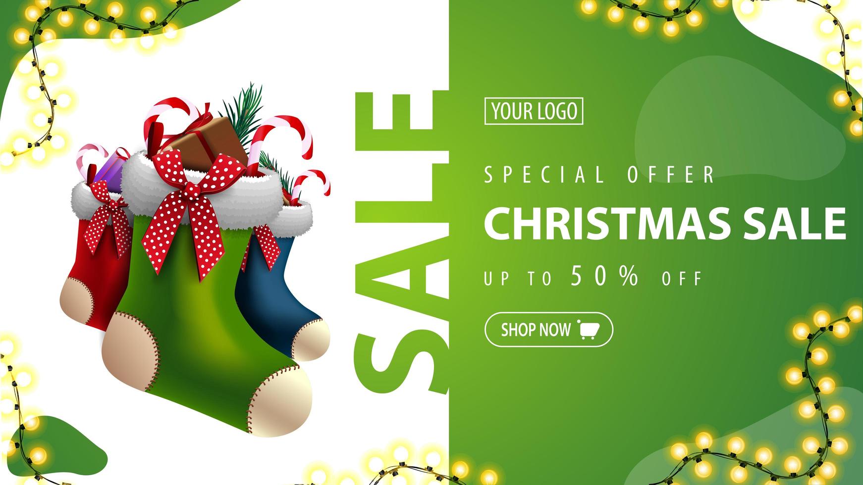 speciale aanbieding, kerstuitverkoop, tot 50 korting, groene kortingsbanner met kerstsokken en slinger vector